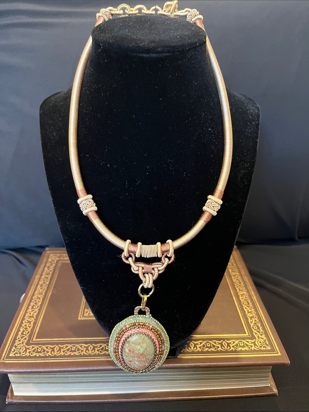 Handcrafted Beaded Cabochon Green and Gold Statement Pendant Necklace